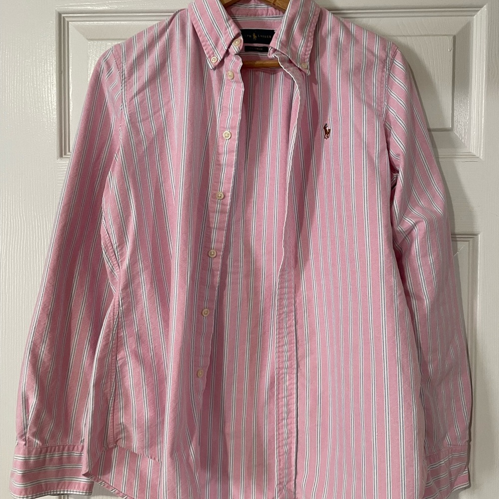 Ralph Lauren Pink and White and Blue Striped Button-Down Shirt